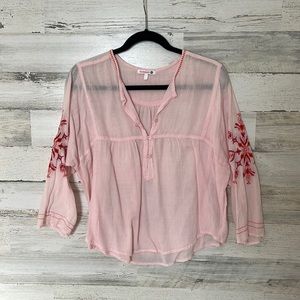 Sundry Pink Gauzy Embroidered Peasant Top